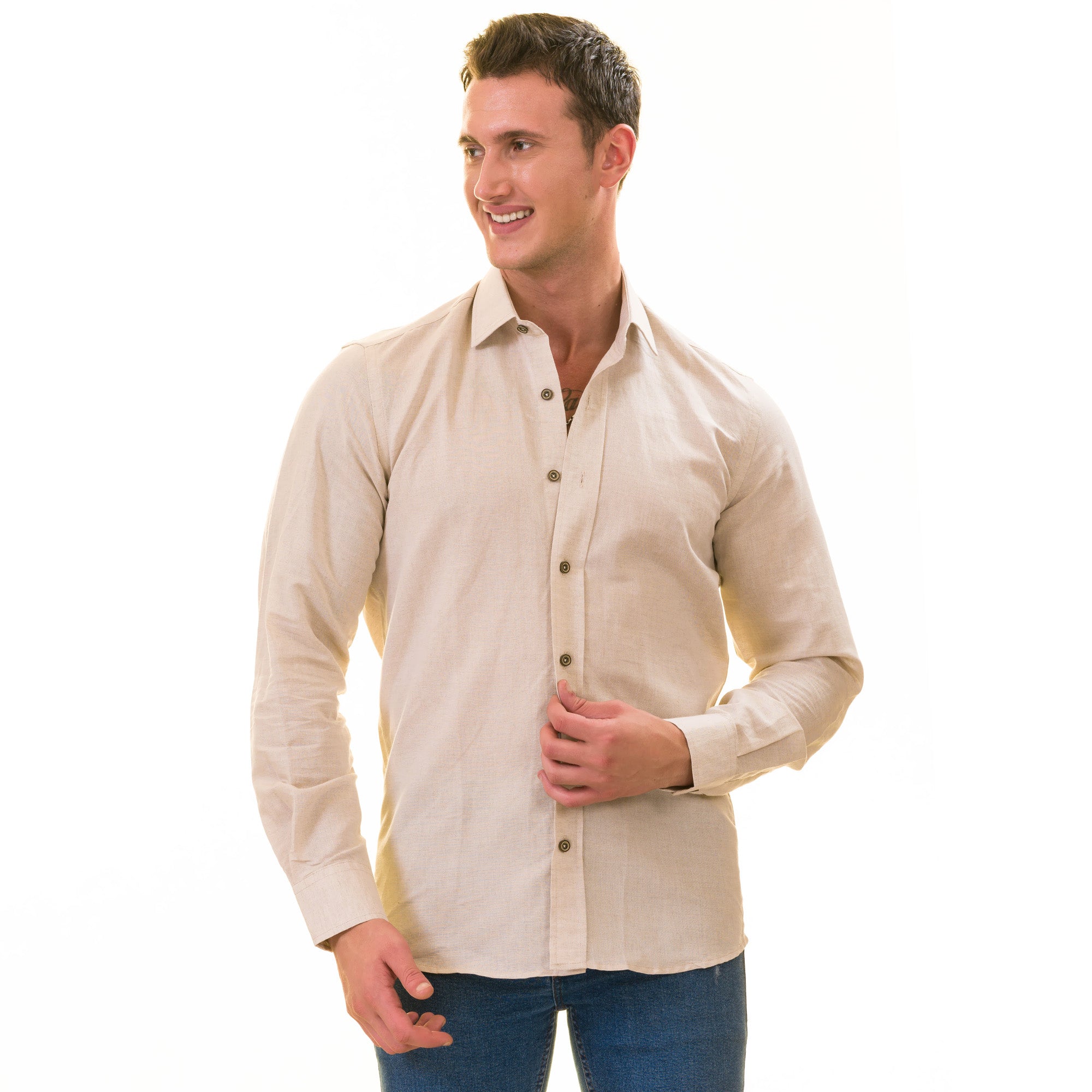 Men’s Beige Linen Shirt - Luxury Tailor Fit European Made Button-Up - Image 2