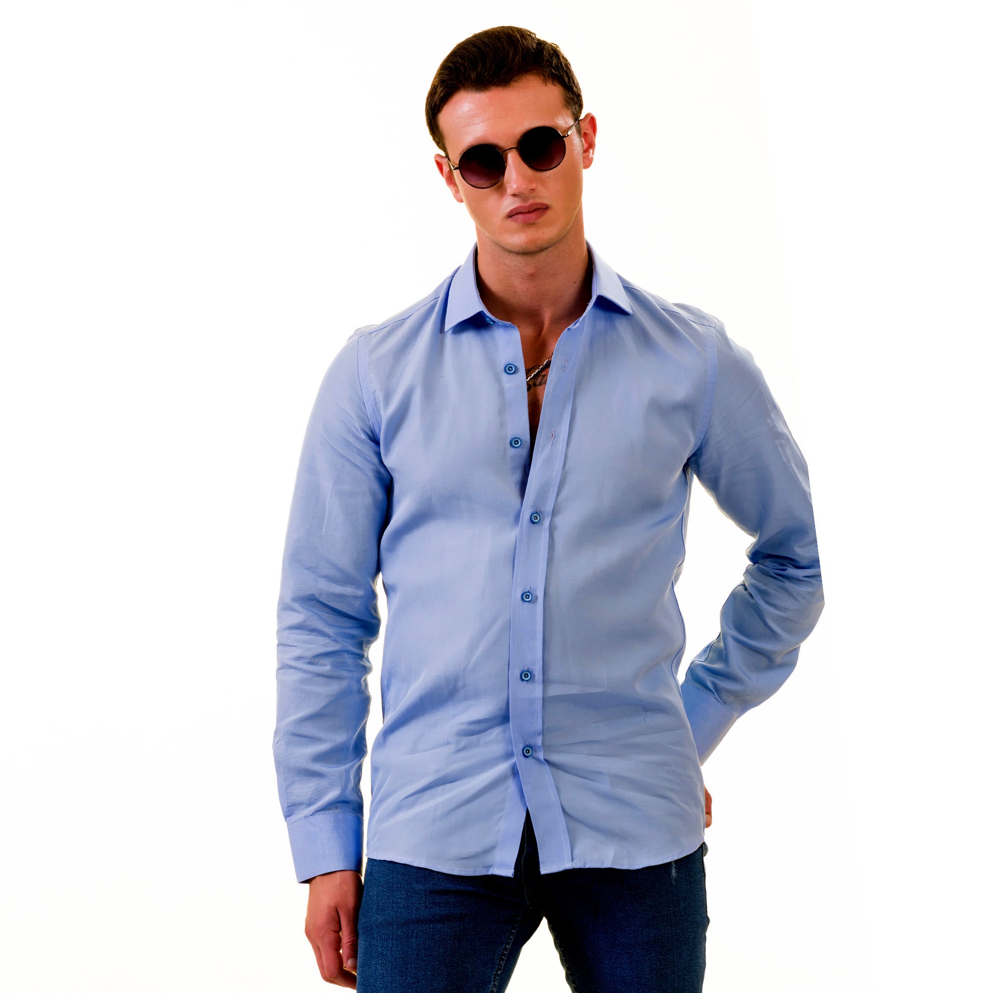 Men’s Sky Blue Linen Shirt - Luxury Tailor Fit European Made Button-Up - Image 3