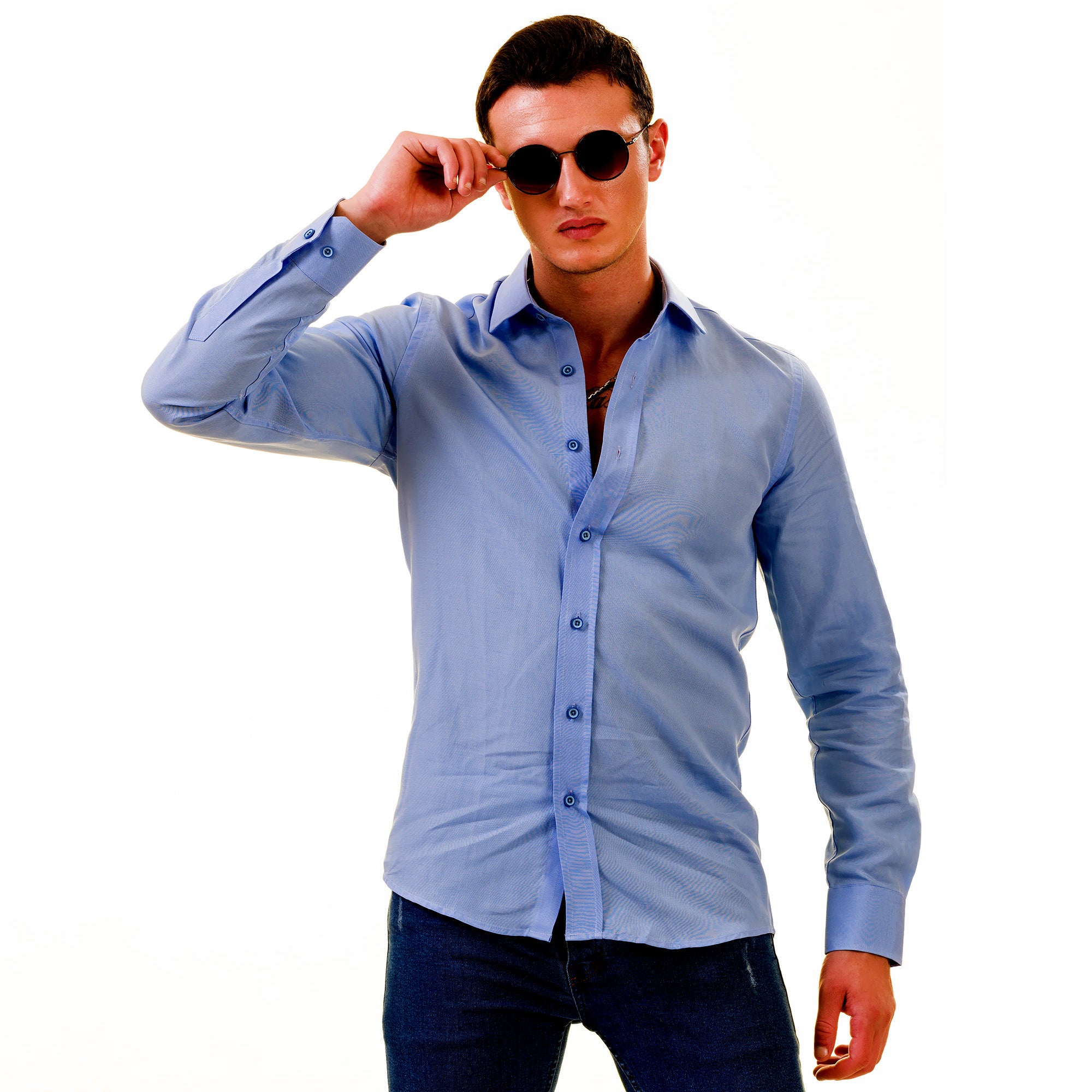 Men’s Sky Blue Linen Shirt - Luxury Tailor Fit European Made Button-Up - Image 4