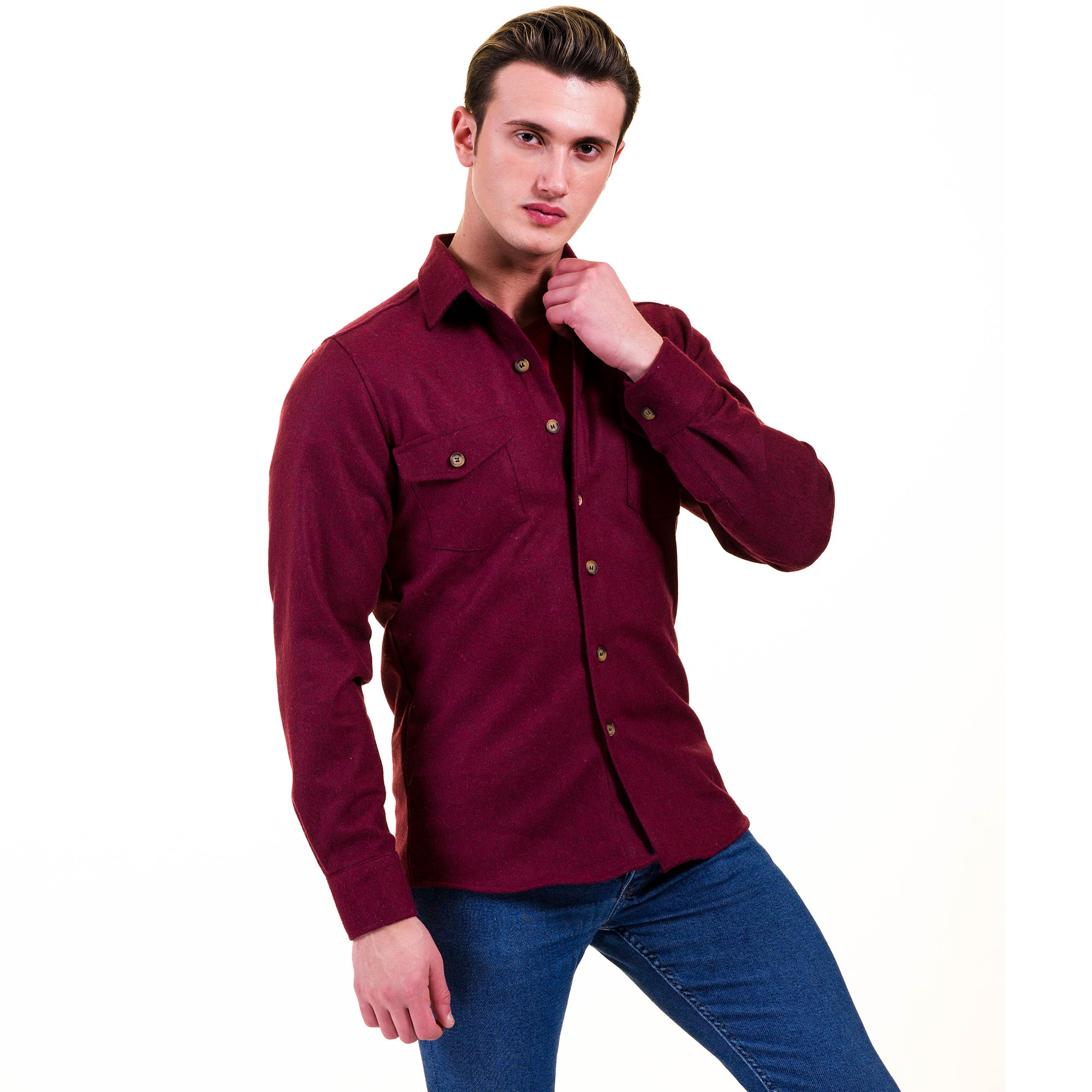 Solid Burgandy Mens Slim Fit Designer Dress Shirt - tailored Cotton Shirts for Work and Casual Wear - Image 2