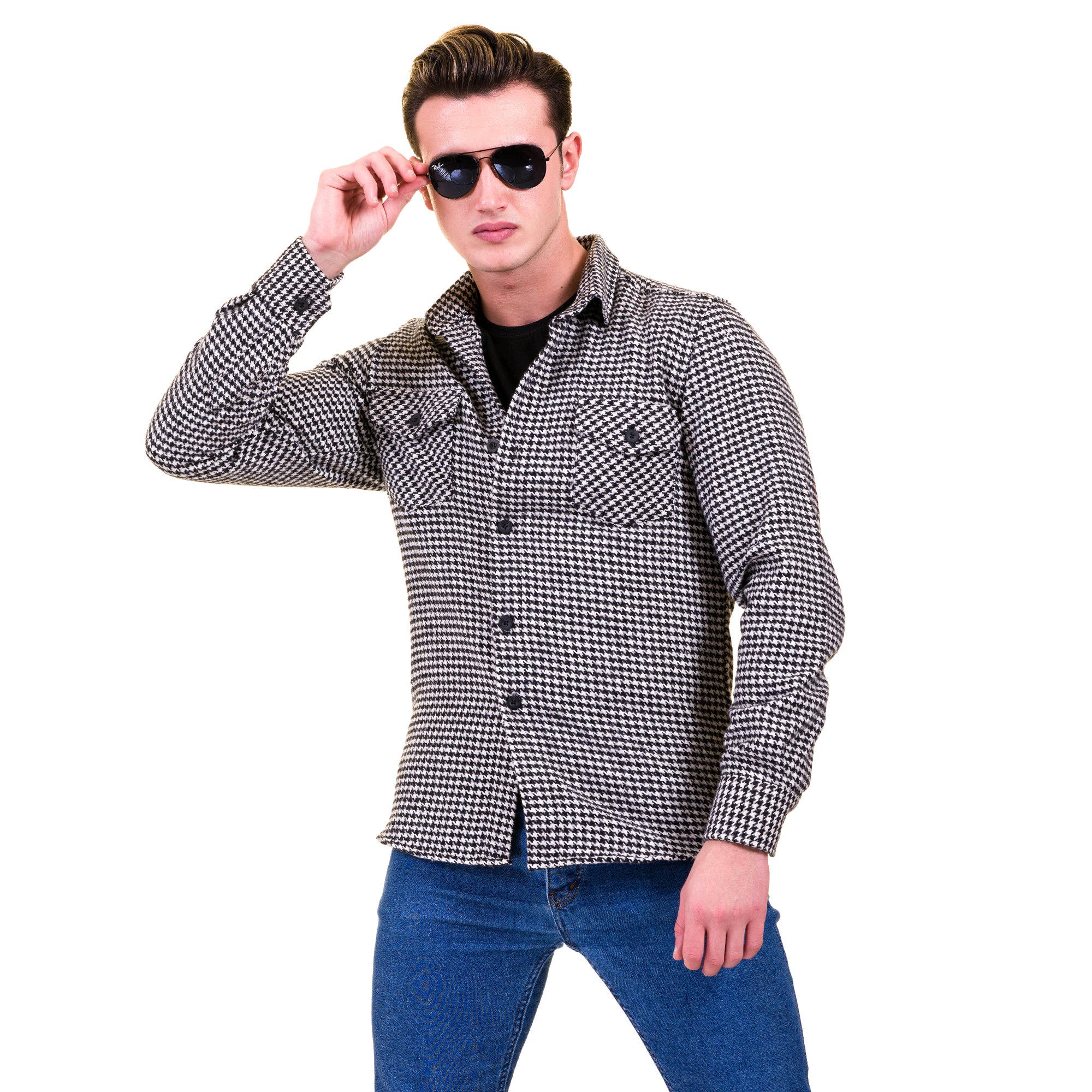 Black White Harringbone Mens Slim Fit Designer French Cuff Shirt - tailored Cotton Shirts for Work and Casual Wear