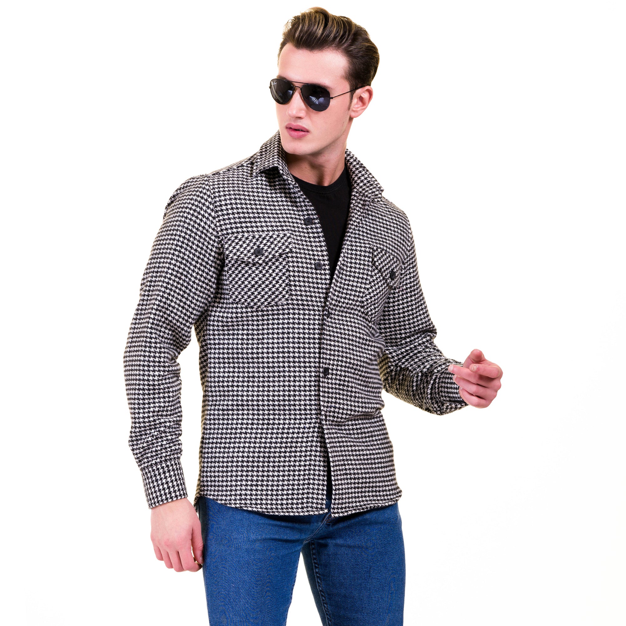 Black White Harringbone Mens Slim Fit Designer French Cuff Shirt - tailored Cotton Shirts for Work and Casual Wear - Image 2