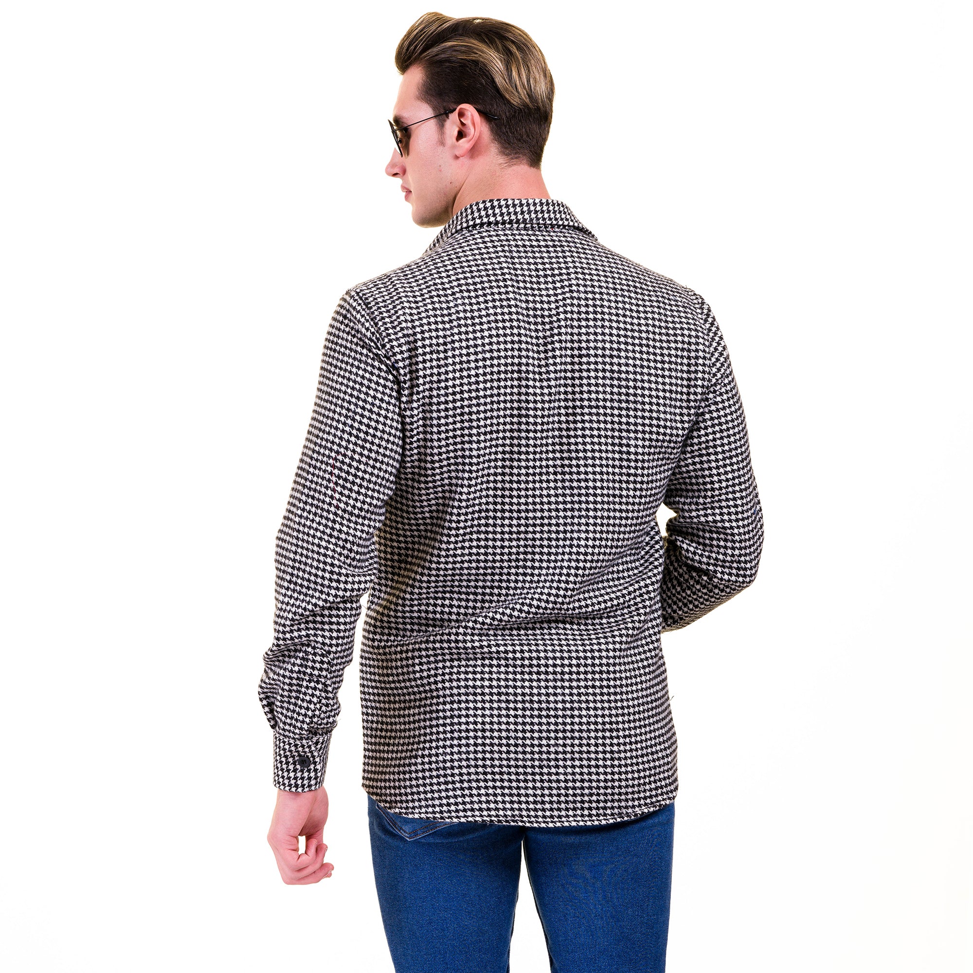 Black White Harringbone Mens Slim Fit Designer French Cuff Shirt - tailored Cotton Shirts for Work and Casual Wear - Image 4