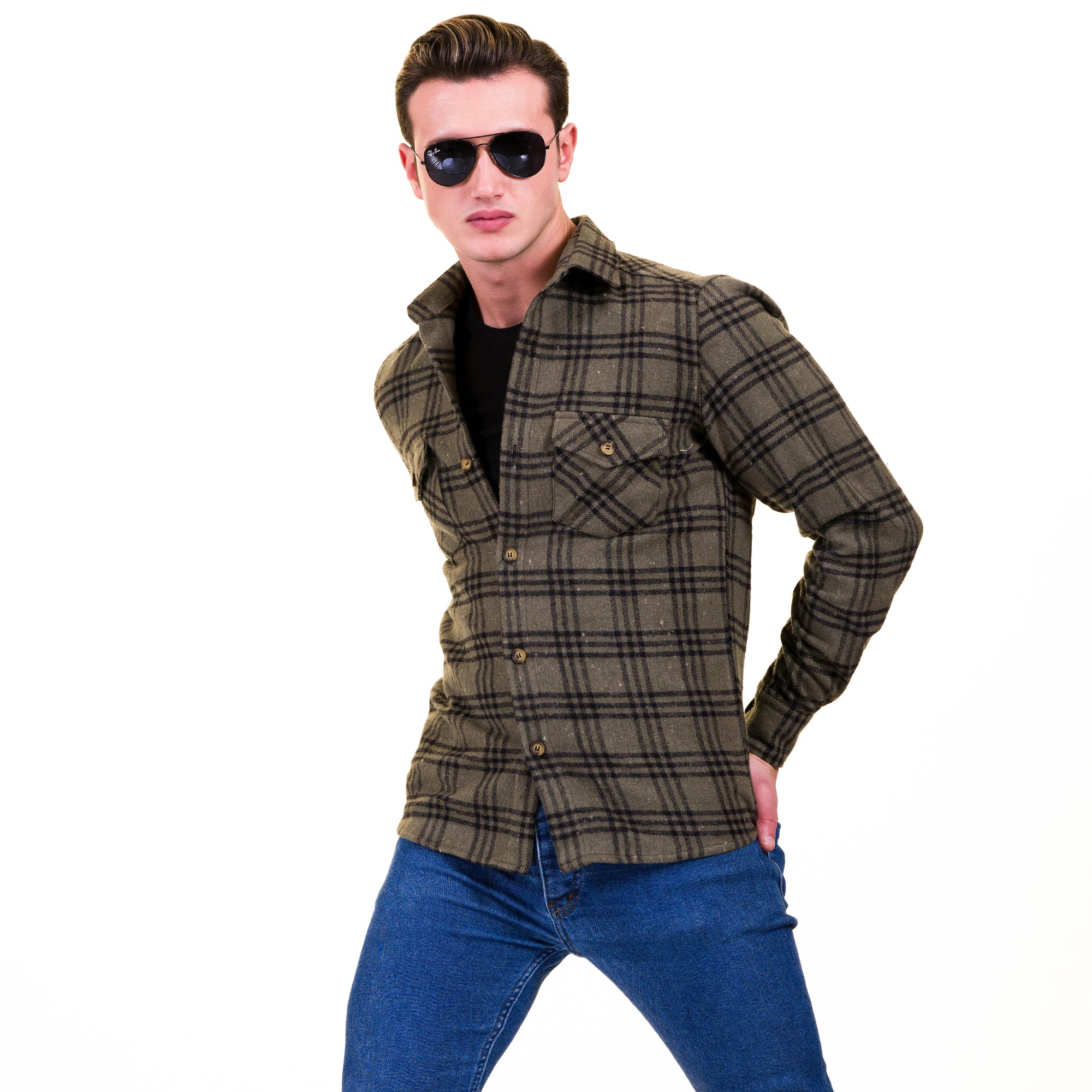 Olive Green Black Check Mens Slim Fit Designer Dress Shirt - tailored Cotton Shirts for Work and Casual Wear - Image 2