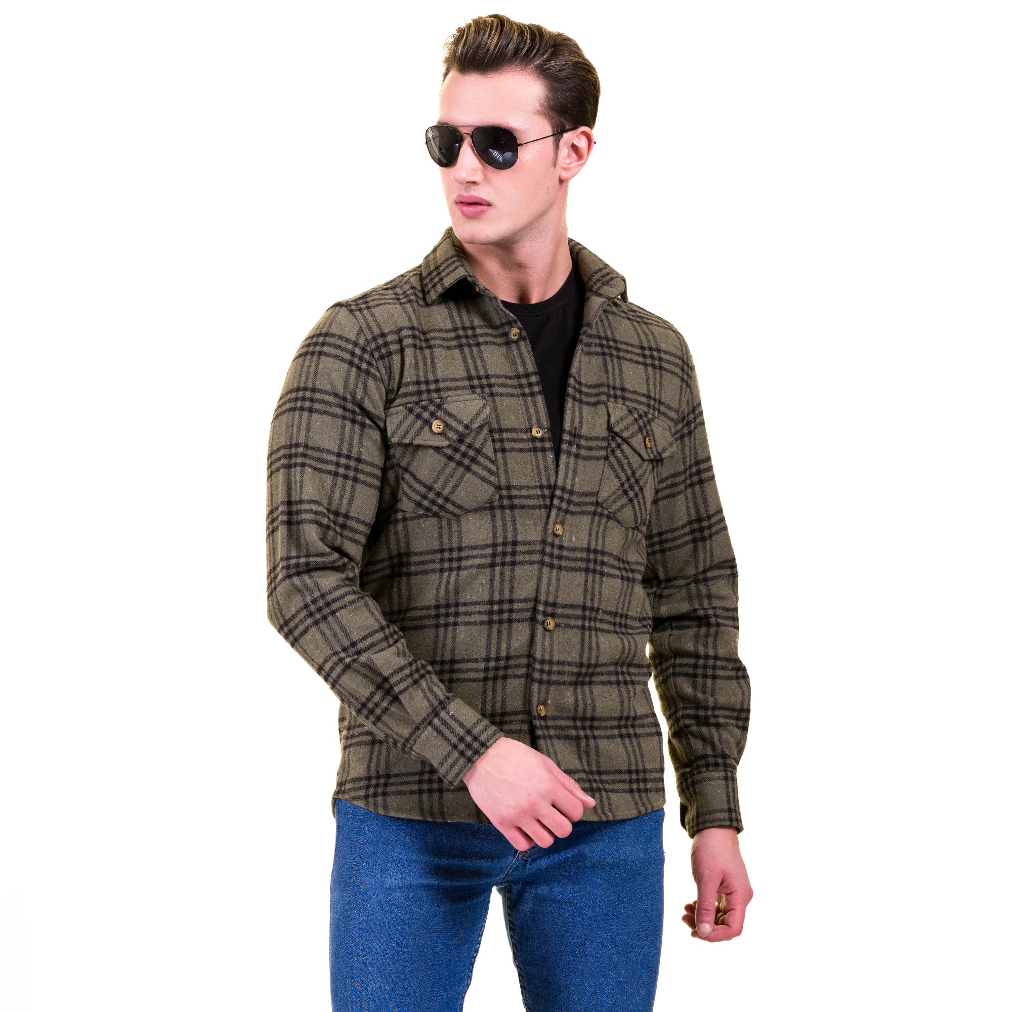 Olive Green Black Check Mens Slim Fit Designer Dress Shirt - tailored Cotton Shirts for Work and Casual Wear - Image 3