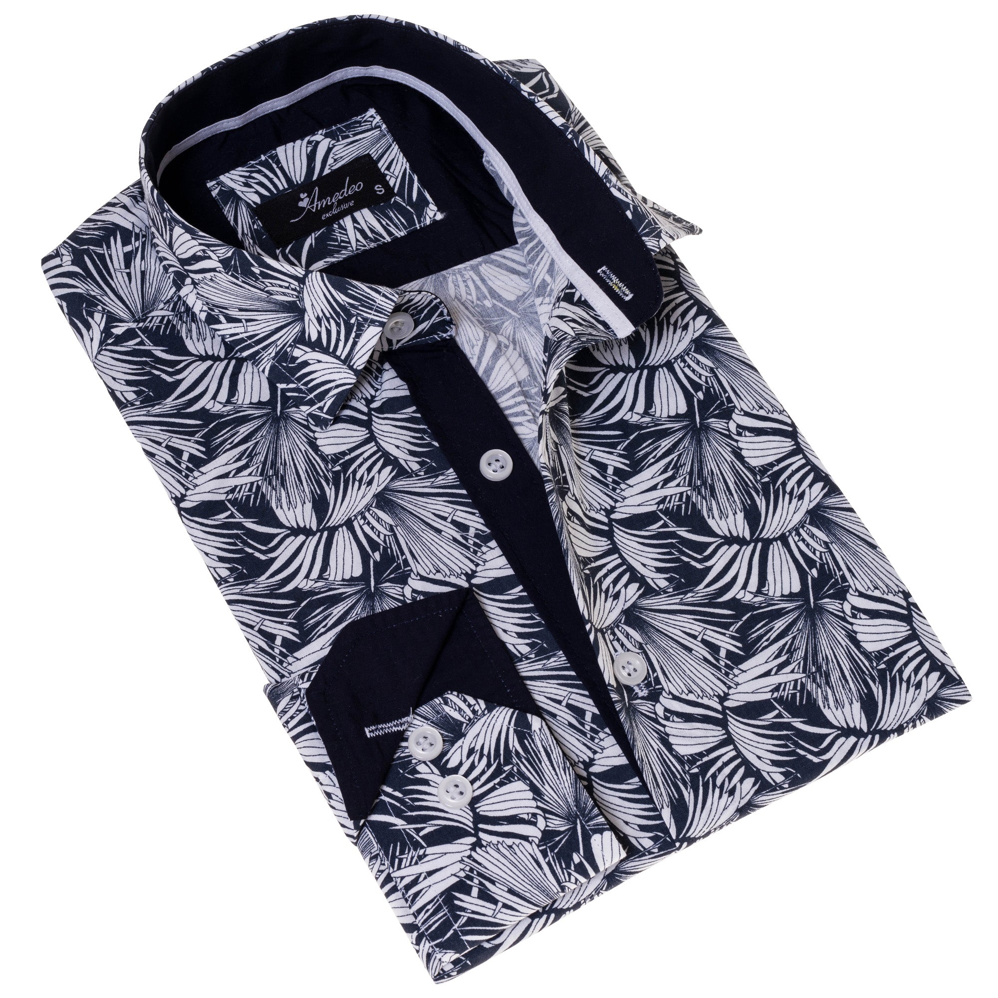 Black White Leaves French Cuff Shirt - Slim Fit Cotton Shirt for Men - Work & Casual