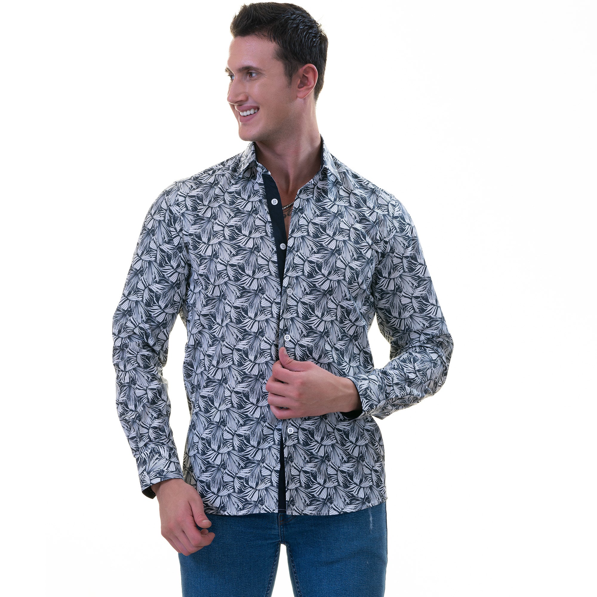 Black White Leaves French Cuff Shirt - Slim Fit Cotton Shirt for Men - Work & Casual - Image 2