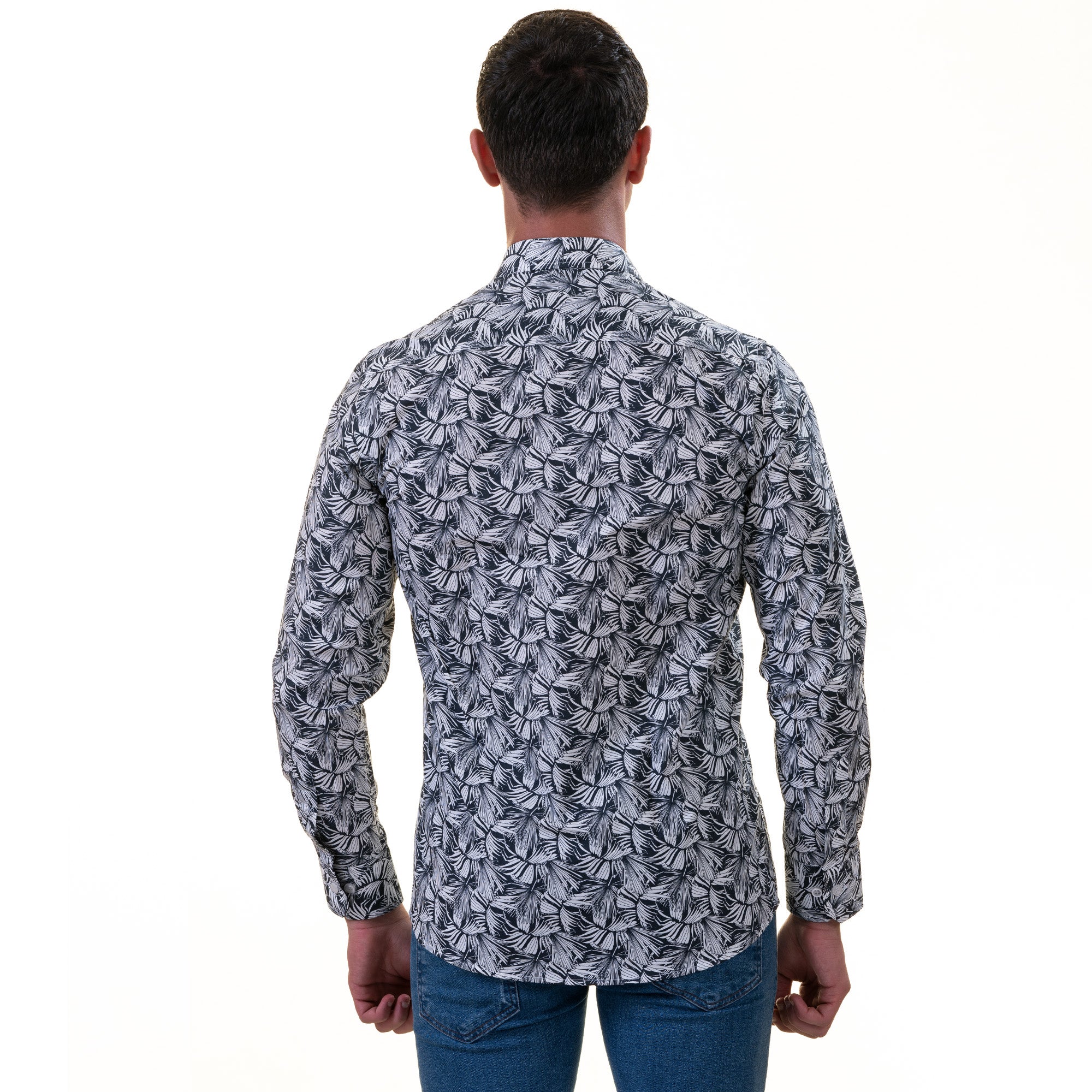 Black White Leaves French Cuff Shirt - Slim Fit Cotton Shirt for Men - Work & Casual - Image 3