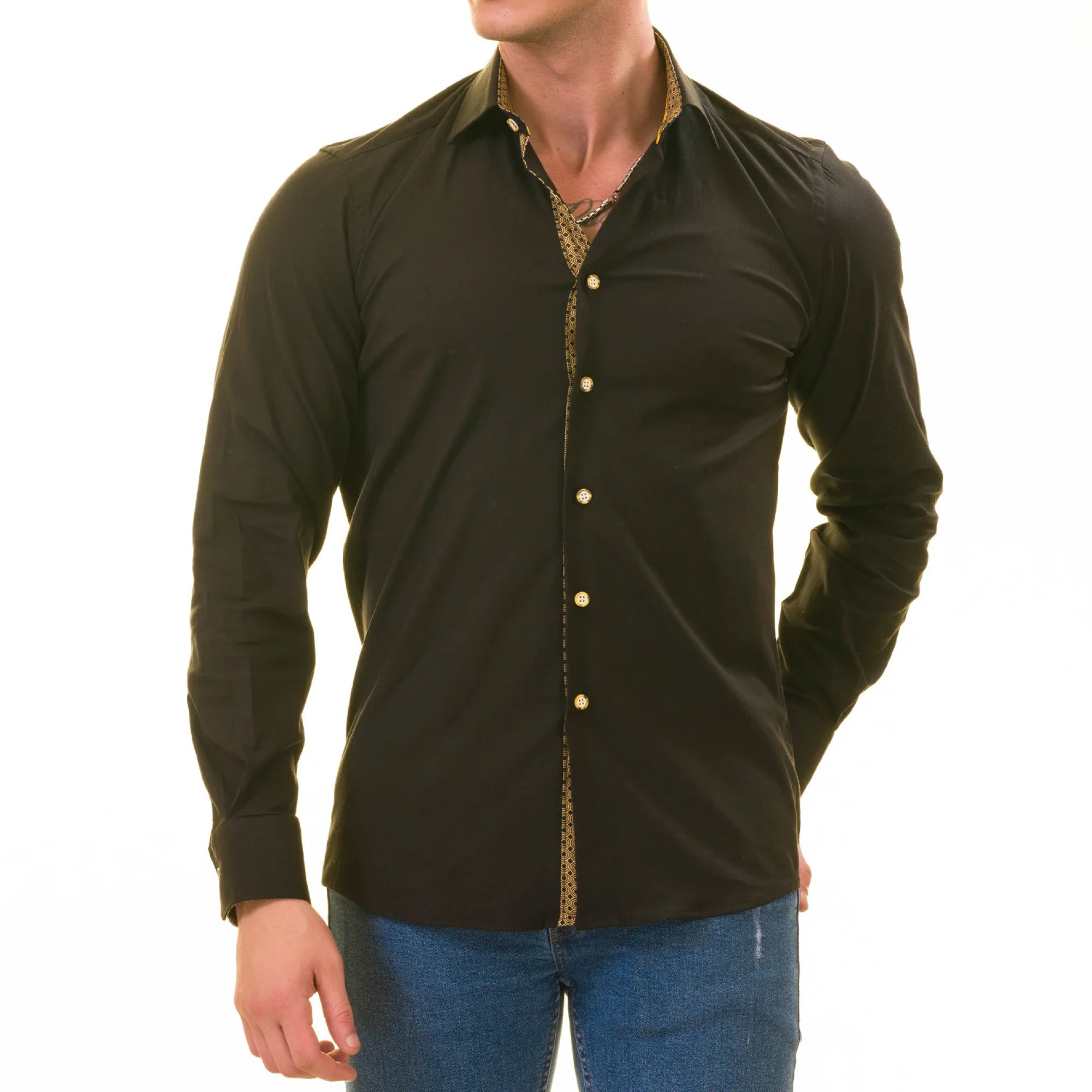 Black with inside Gold Men's Slim Fit Designer Shirt - Tailored Cotton Shirts for Work and Casual Wear - Image 2