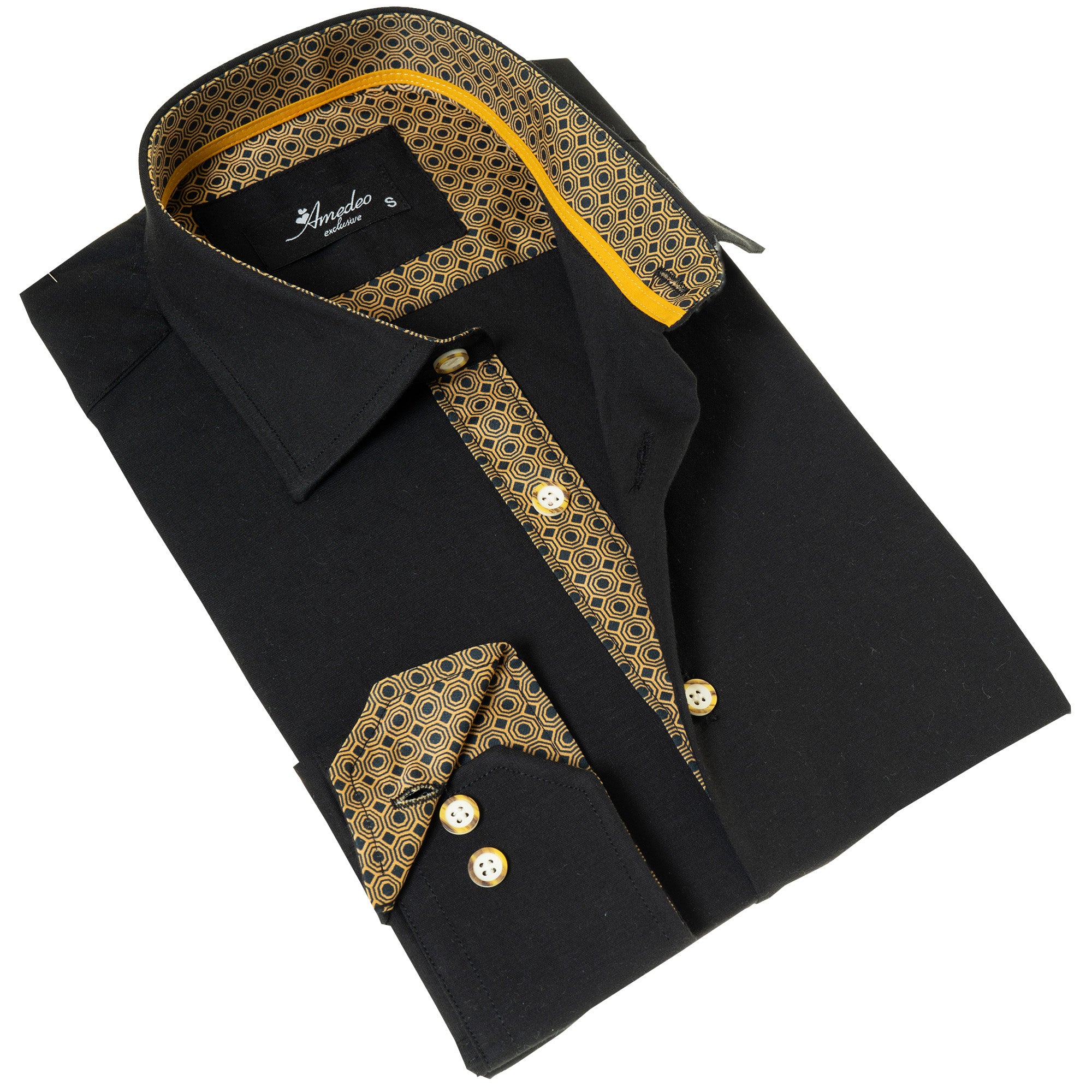 Black with inside Gold Men's Slim Fit Designer Shirt - Tailored Cotton Shirts for Work and Casual Wear