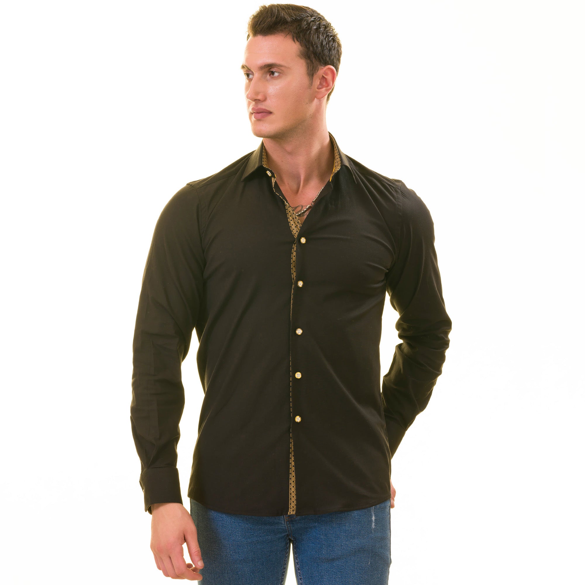 Black with inside Gold Men's Slim Fit Designer Shirt - Tailored Cotton Shirts for Work and Casual Wear - Image 4