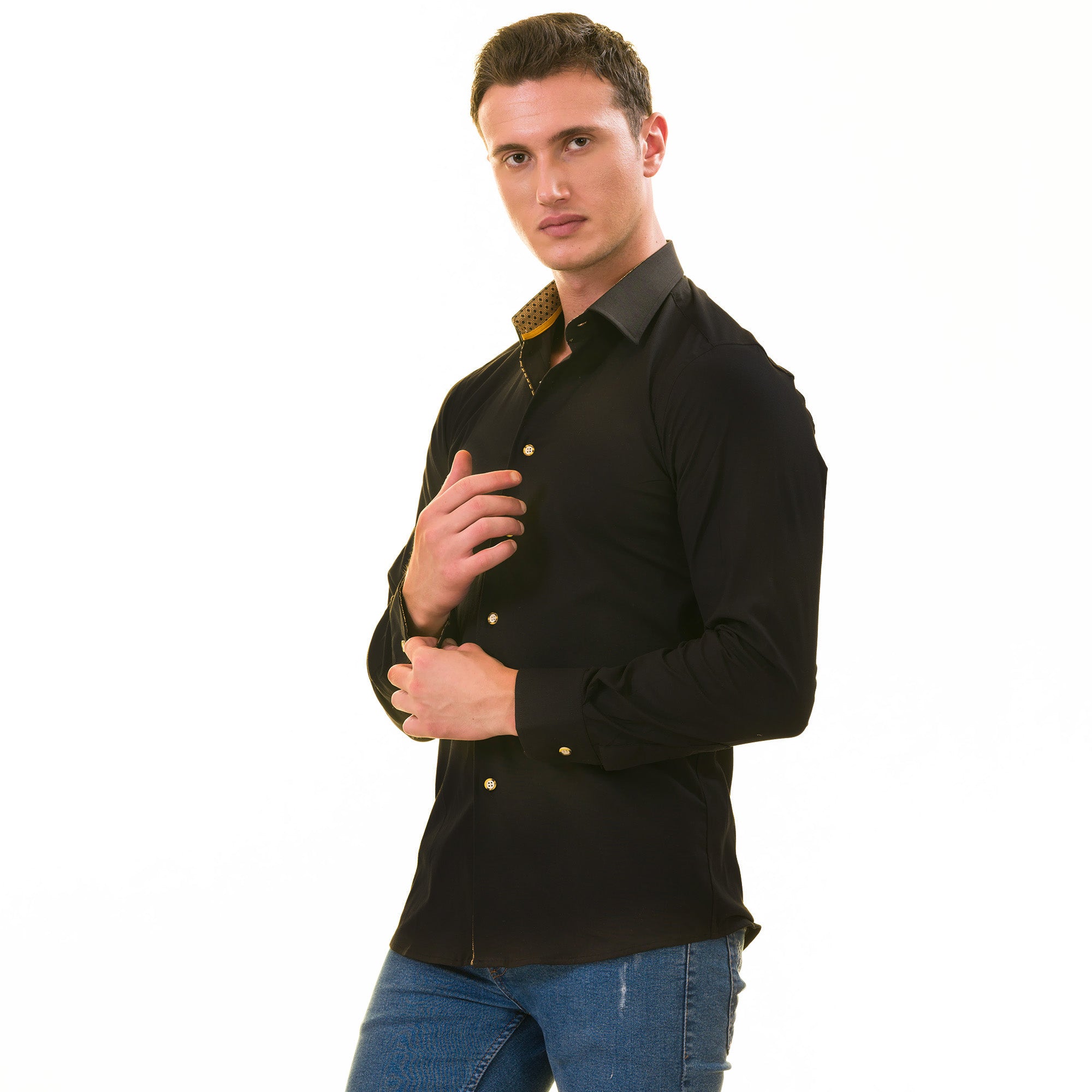 Black with inside Gold Men's Slim Fit Designer Shirt - Tailored Cotton Shirts for Work and Casual Wear - Image 5