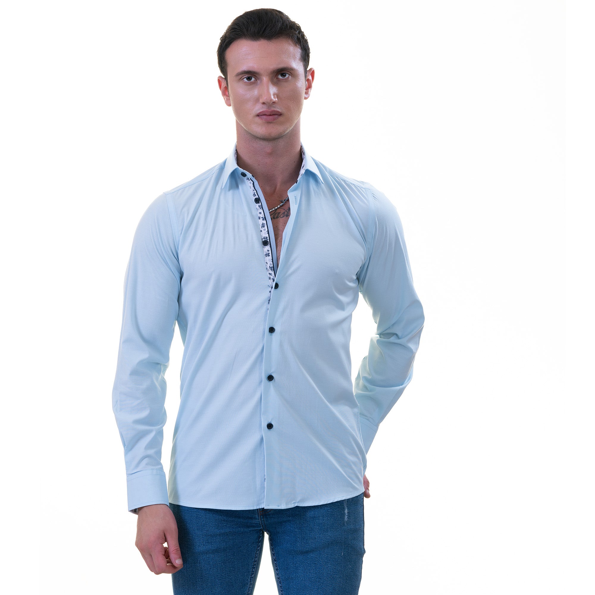 Blue Inside Printed Men's Slim Fit Designer French Cuff Shirt - Tailored Cotton - Image 2
