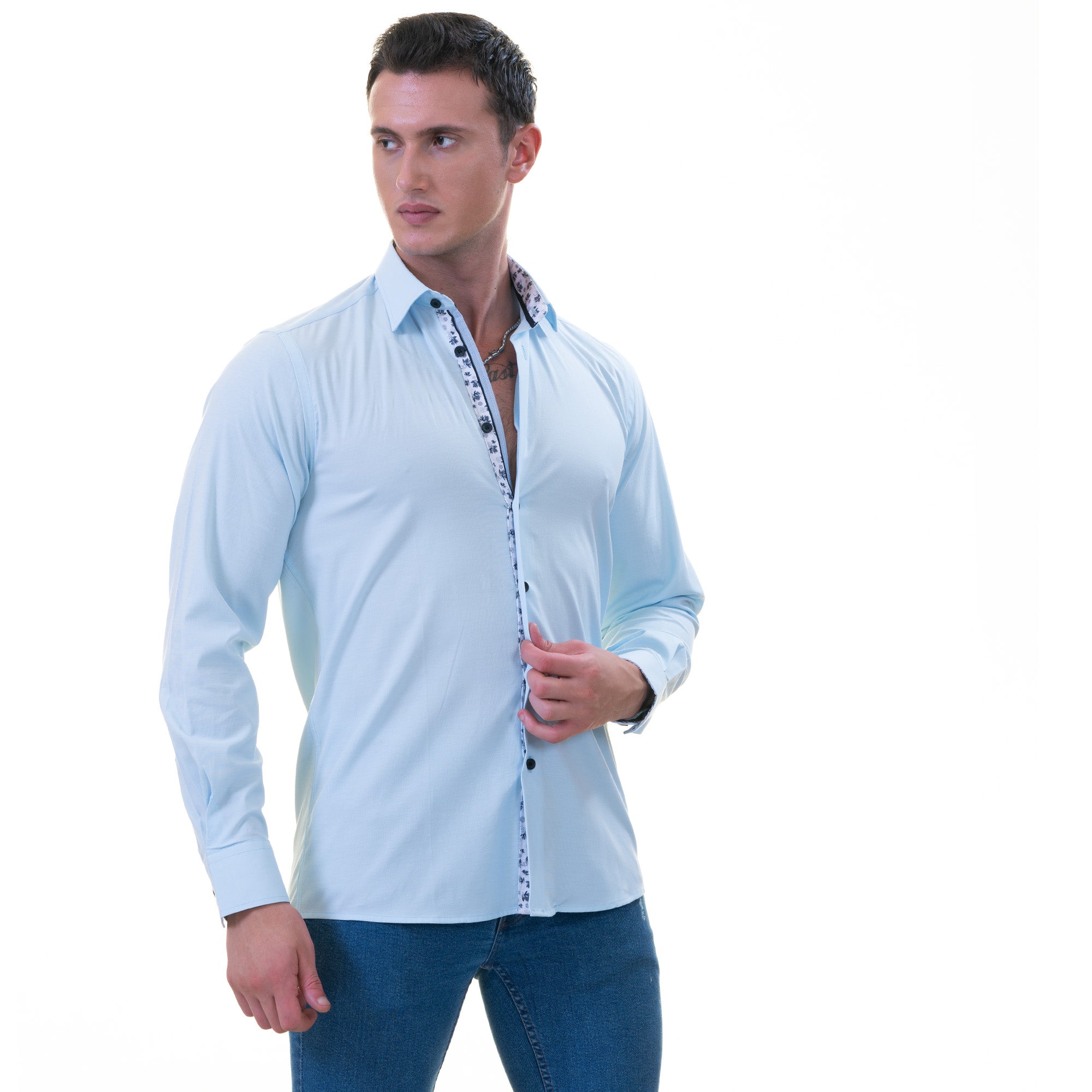 Blue Inside Printed Men's Slim Fit Designer French Cuff Shirt - Tailored Cotton - Image 3