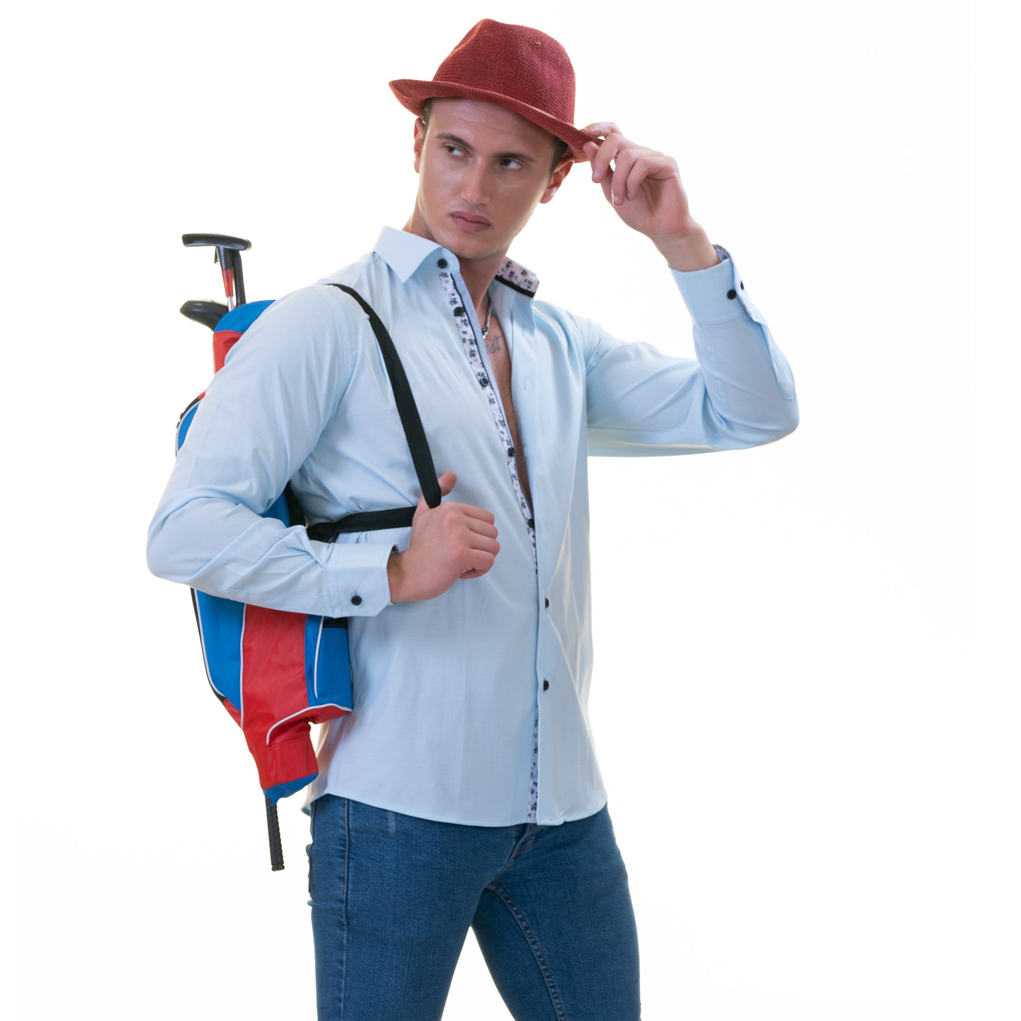 Blue Inside Printed Men's Slim Fit Designer French Cuff Shirt - Tailored Cotton - Image 4