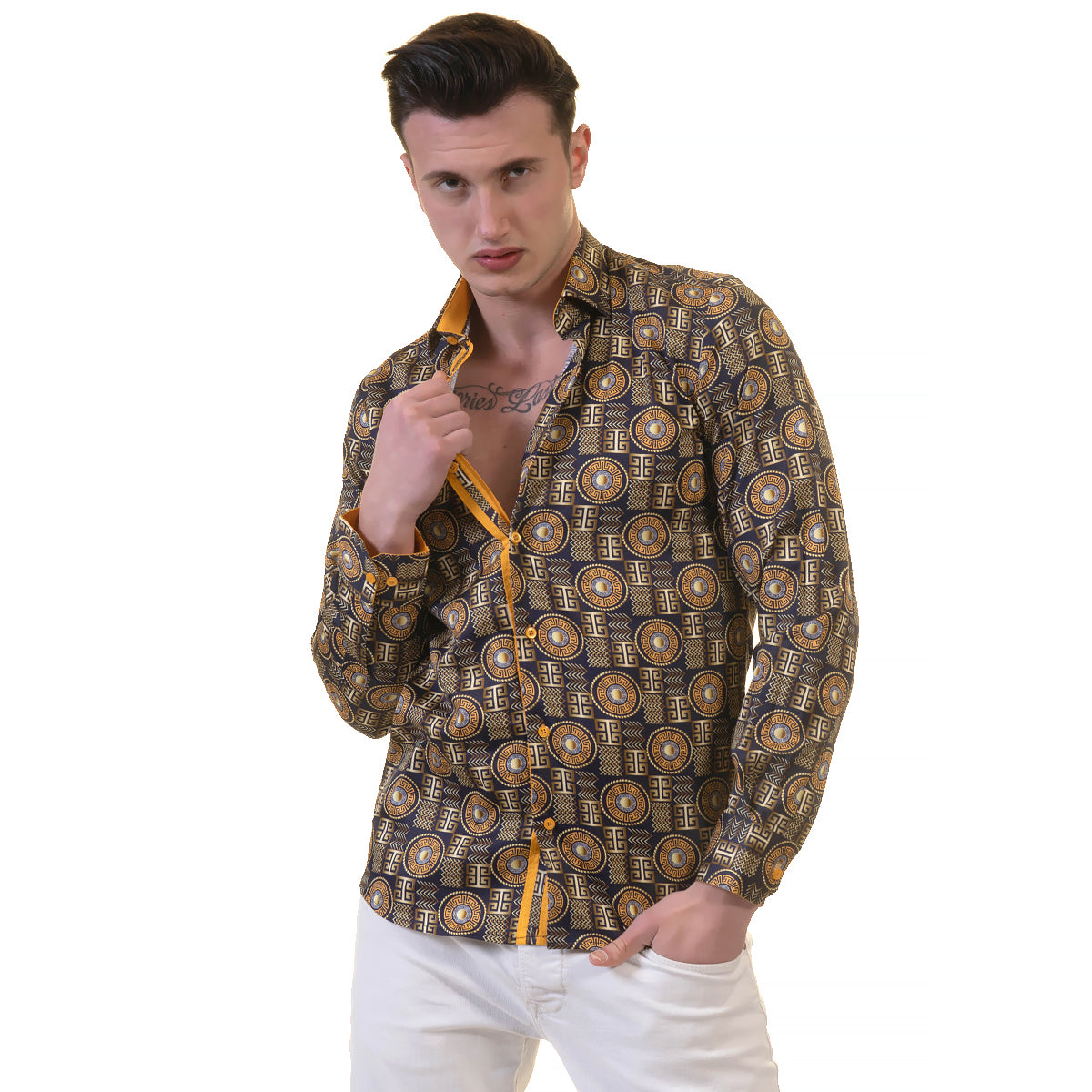 Black And Gold Greek Key Mens Slim Fit Designer Dress Shirt - tailored Cotton Shirts for Work and Casual Wear - Image 8