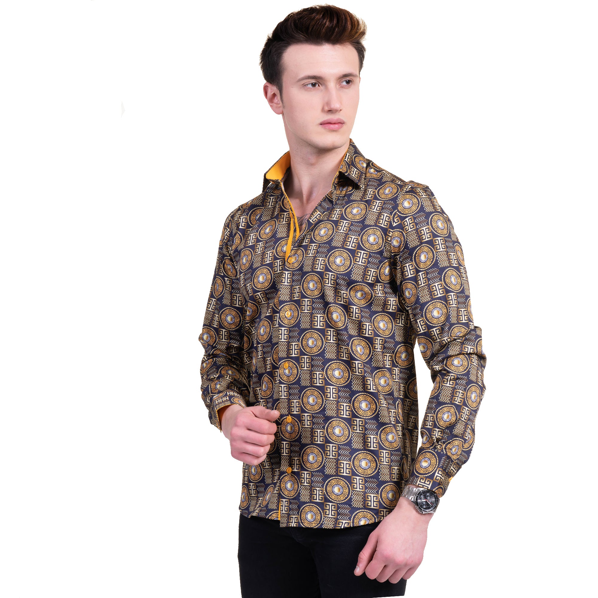 Black And Gold Greek Key Mens Slim Fit Designer Dress Shirt - tailored Cotton Shirts for Work and Casual Wear - Image 2
