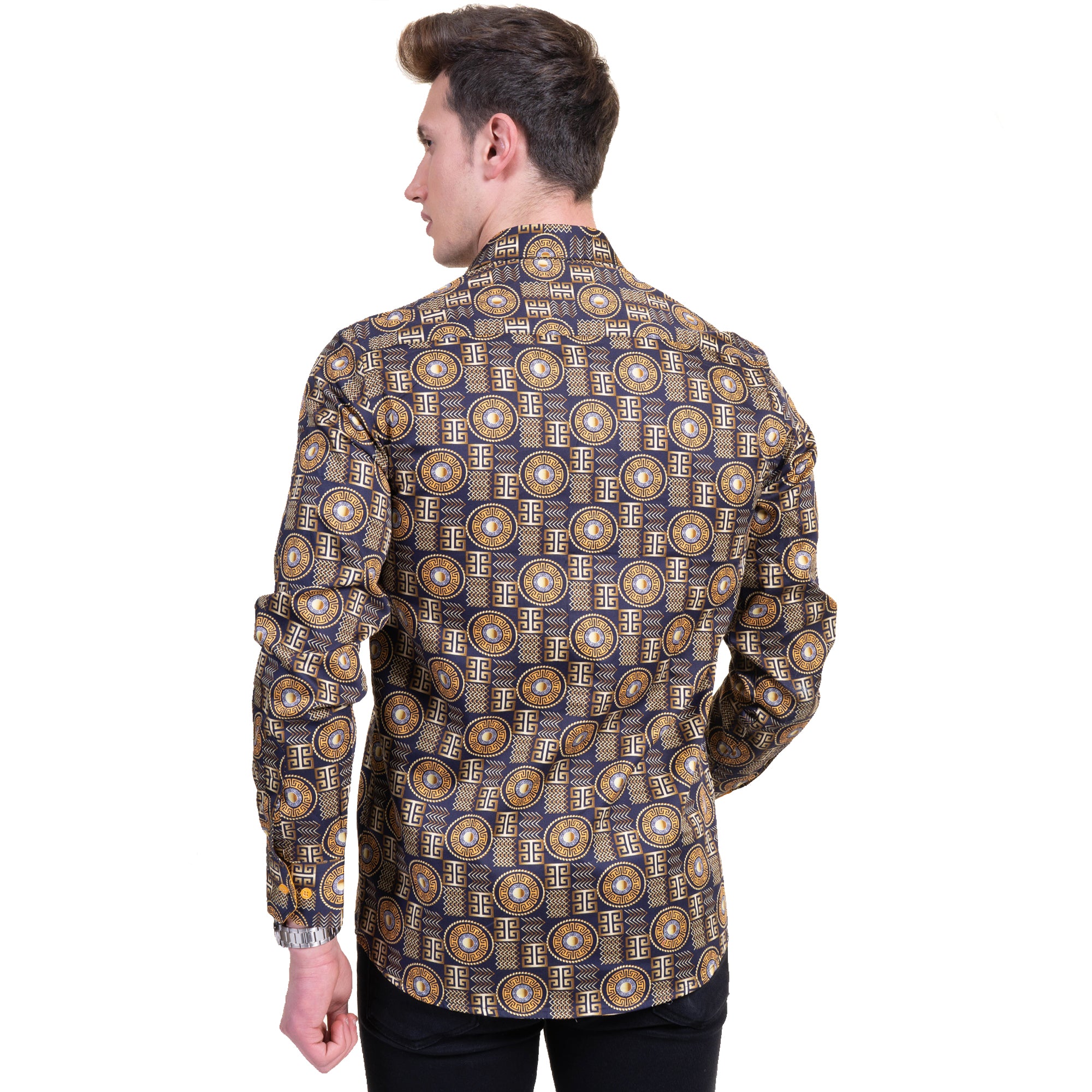 Black And Gold Greek Key Mens Slim Fit Designer Dress Shirt - tailored Cotton Shirts for Work and Casual Wear - Image 4