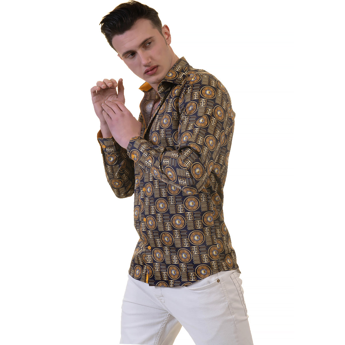 Black And Gold Greek Key Mens Slim Fit Designer Dress Shirt - tailored Cotton Shirts for Work and Casual Wear - Image 5