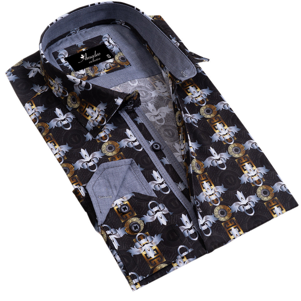 Black, Silver, Gold Medusa Head Mens Slim Fit Designer French Cuff Shirt - tailored Cotton Shirts for Work and Casual Wear