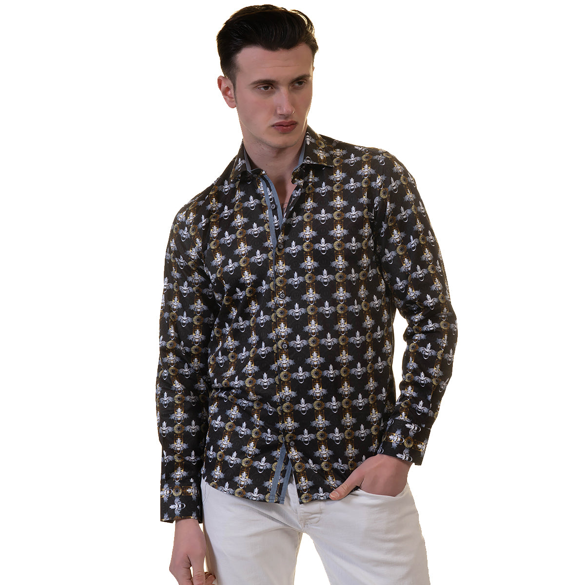 Black, Silver, Gold Medusa Head Mens Slim Fit Designer French Cuff Shirt - tailored Cotton Shirts for Work and Casual Wear - Image 4