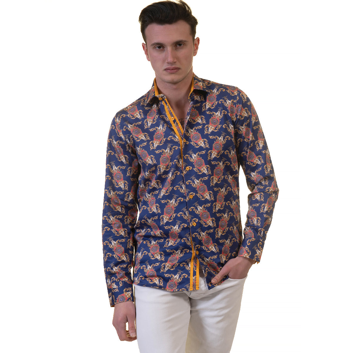 White Blue Tropical Mens Slim Fit Designer Dress Shirt - tailored Cotton Shirts for Work and Casual Wear - Image 2