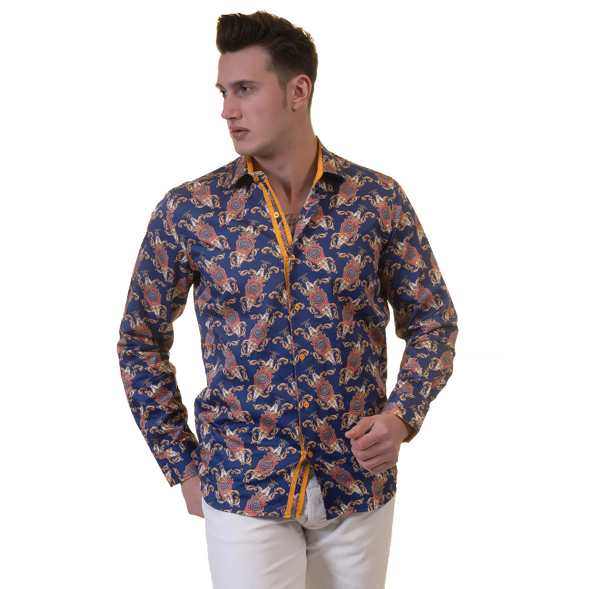 White Blue Tropical Mens Slim Fit Designer Dress Shirt - tailored Cotton Shirts for Work and Casual Wear - Image 3