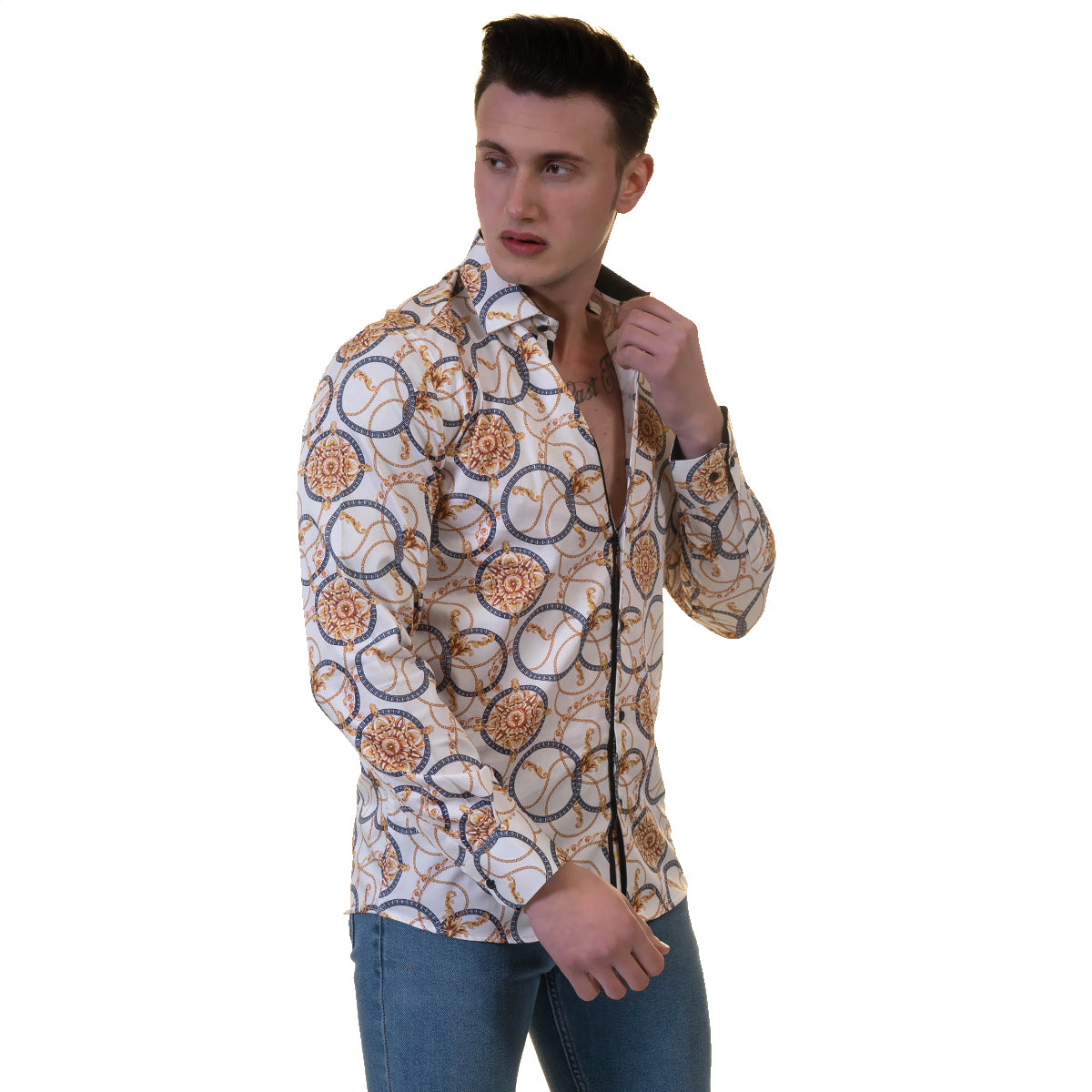 White And Gold Medusa Head Mens Slim Fit Designer Dress Shirt - tailored Cotton Shirts for Work and Casual Wear - Image 2