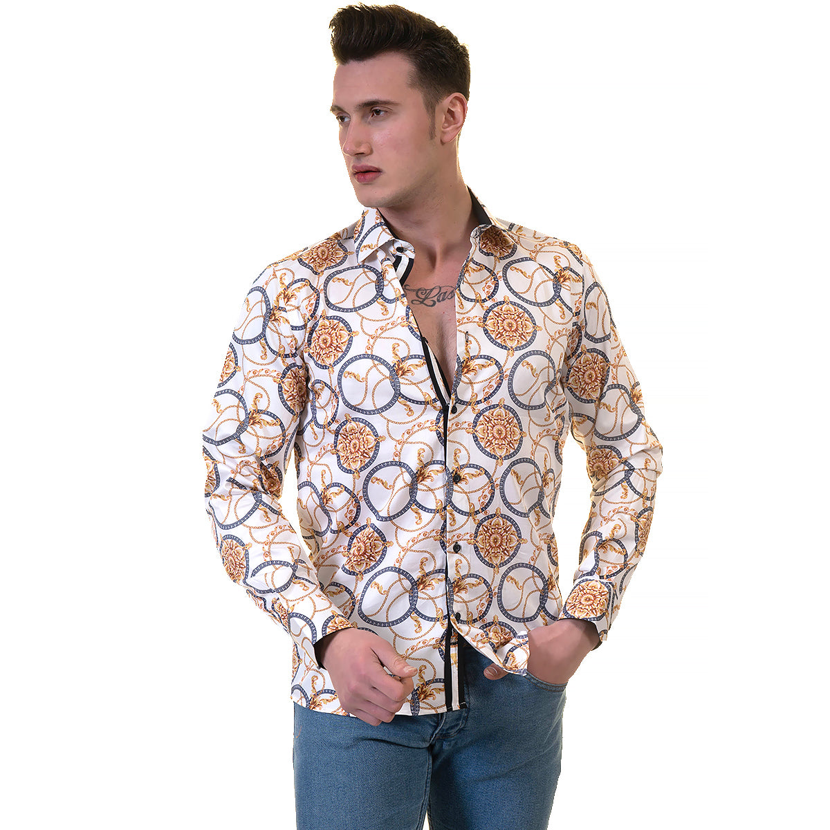 White And Gold Medusa Head Mens Slim Fit Designer Dress Shirt - tailored Cotton Shirts for Work and Casual Wear - Image 3