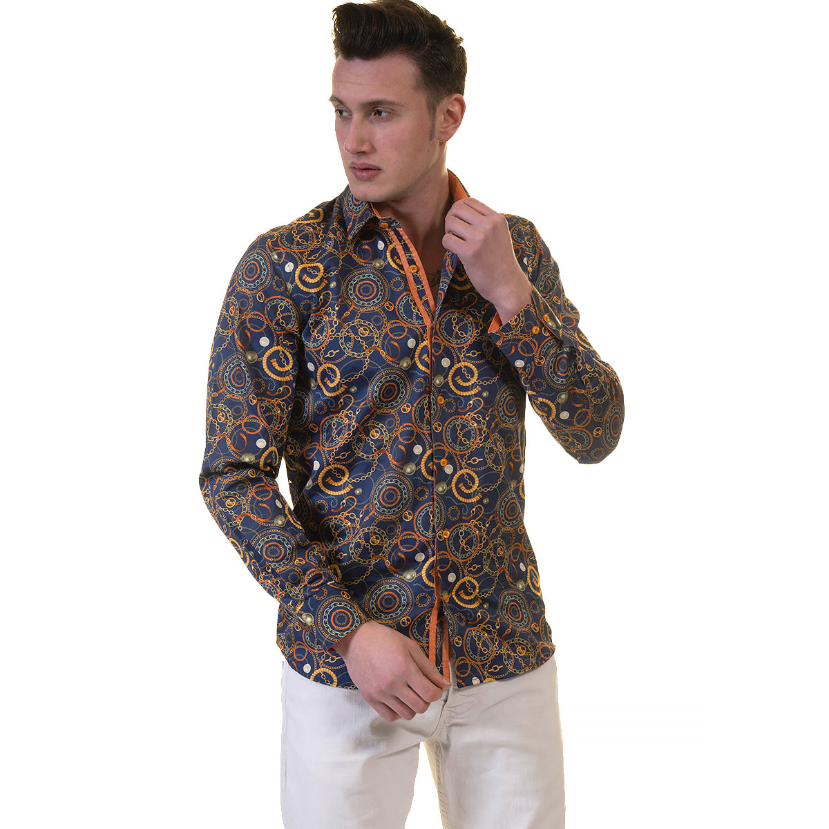 Blue with Orange Swirls Mens Slim Fit Designer Dress Shirt - tailored Cotton Shirts for Work and Casual Wear - Image 5