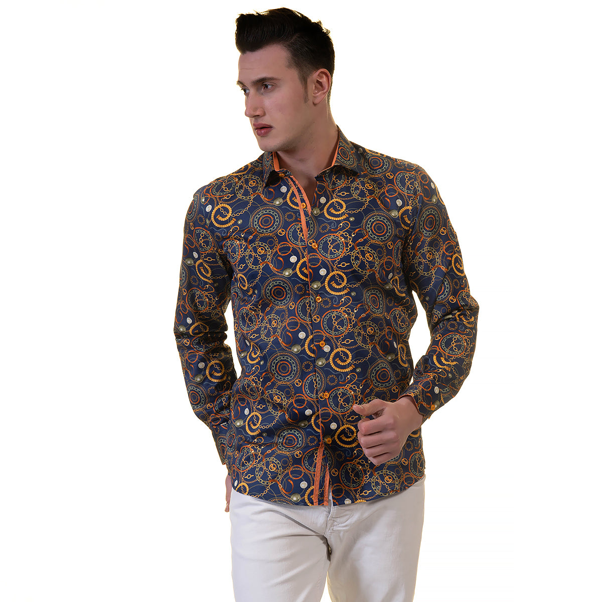 Blue with Orange Swirls Mens Slim Fit Designer Dress Shirt - tailored Cotton Shirts for Work and Casual Wear - Image 3