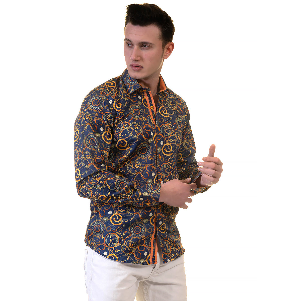 Blue with Orange Swirls Mens Slim Fit Designer Dress Shirt - tailored Cotton Shirts for Work and Casual Wear - Image 4