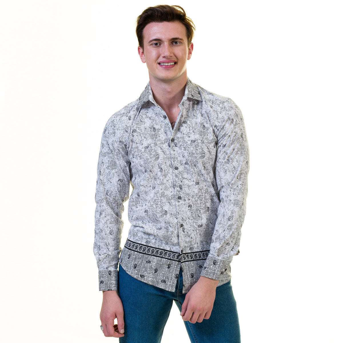 Grey and Black Doted Mens Slim Fit Designer Dress Shirt - tailored Cotton Shirts for Work and Casual Wear - Image 2