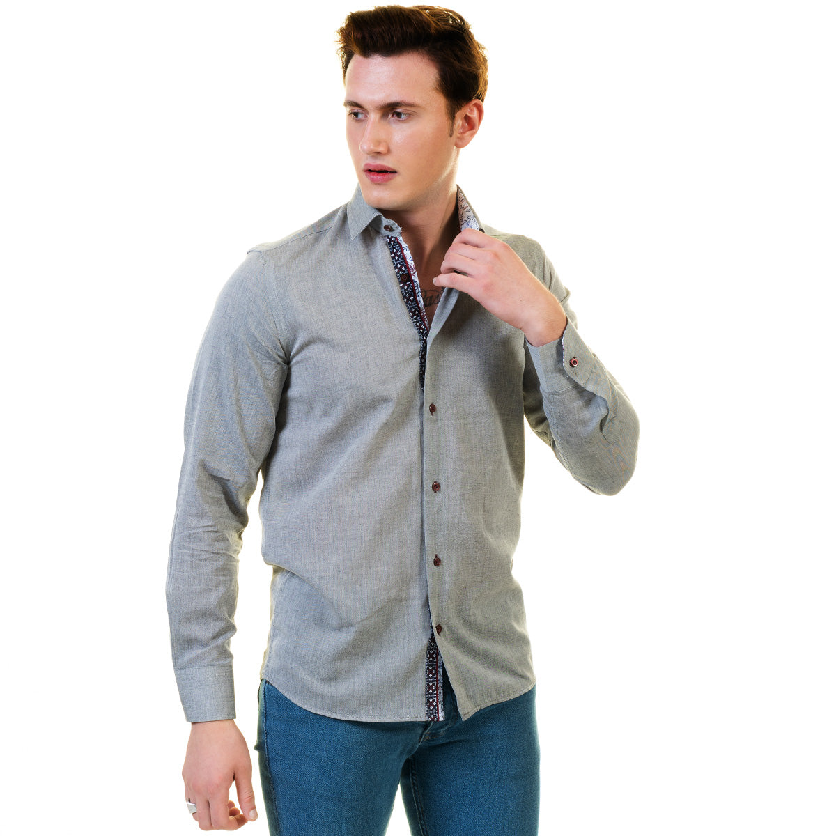 Pastel Grey Mens Slim Fit Designer Dress Shirt - Tailored Cotton Shirts For Work And Casual - Image 7