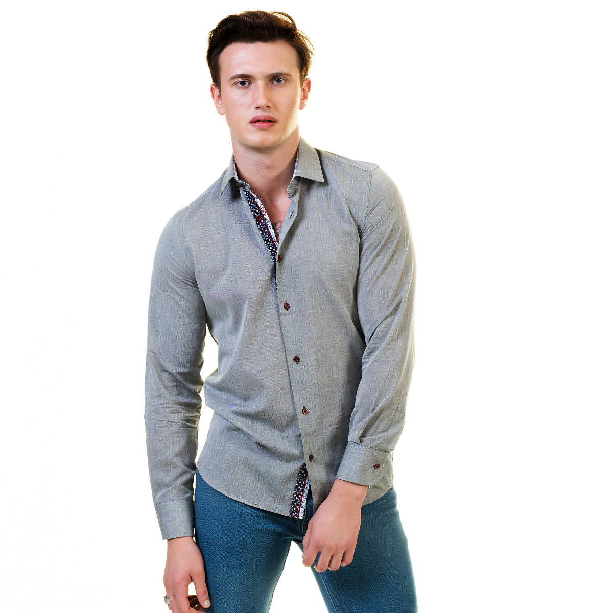Pastel Grey Mens Slim Fit Designer Dress Shirt - Tailored Cotton Shirts For Work And Casual - Image 5