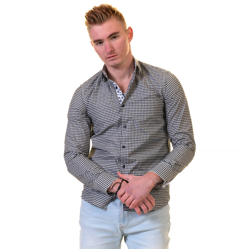Black White Checkered with Light Blue Floral Mens Slim Fit Designer French Cuff Shirt - tailored Cotton Shirts for Work and Casual Wear - Image 2