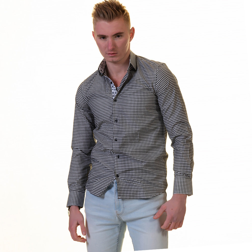 Black White Checkered with Light Blue Floral Mens Slim Fit Designer French Cuff Shirt - tailored Cotton Shirts for Work and Casual Wear - Image 4