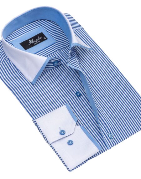 White & Blue Lines Mens Slim Fit Designer Dress Shirt - tailored Cotton Shirts for Work and Casual - Amedeo Exclusive