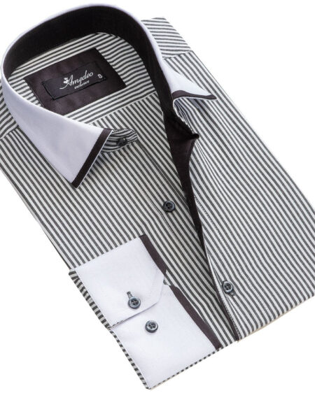 White & Grey lines Mens Slim Fit Designer Dress Shirt - tailored Cotton Shirts for Work and Casual - Amedeo Exclusive