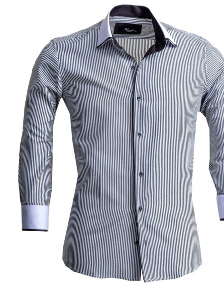 White & Grey lines Mens Slim Fit Designer Dress Shirt - tailored Cotton Shirts for Work and Casual - Amedeo Exclusive