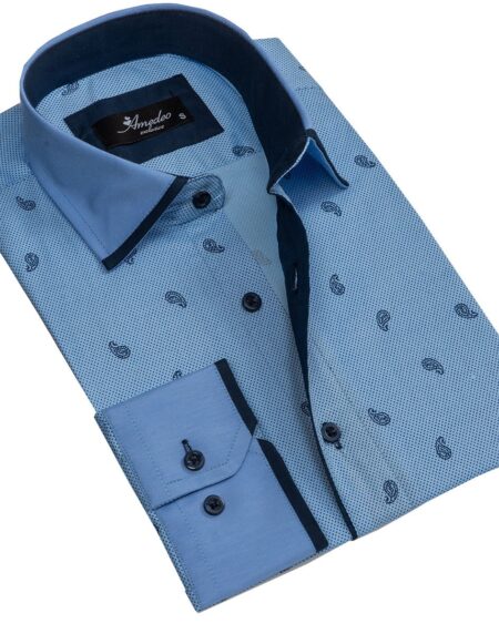 Light Blue Paisley Mens Slim Fit Designer Dress Shirt - tailored Cotton Shirts for Work and Casual - Amedeo Exclusive