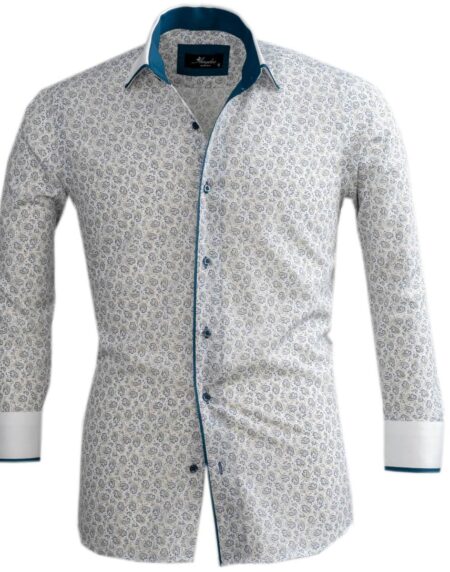 White Blue Paisley Mens Slim Fit Designer Dress Shirt - tailored Cotton Shirts for Work and Casual Wear - Amedeo Exclusive