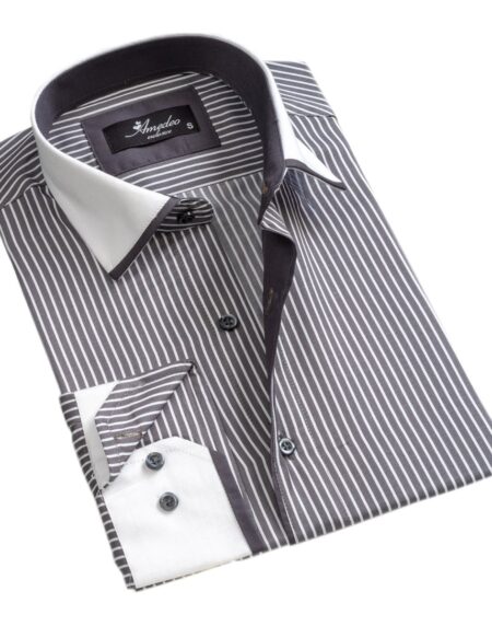 Grey with White Lines Mens Slim Fit Designer Dress Shirt - tailored Cotton Shirts for Work and Casual Wear - Amedeo Exclusive