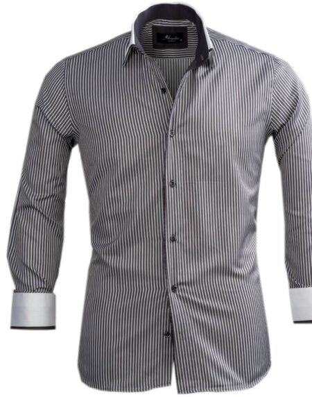 Grey with White Lines Mens Slim Fit Designer Dress Shirt - tailored Cotton Shirts for Work and Casual Wear - Amedeo Exclusive