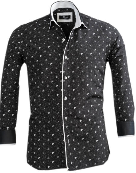 Black White Floral Mens Slim Fit Designer Dress Shirt - tailored Cotton Shirts for Work and Casual Wear - Amedeo Exclusive