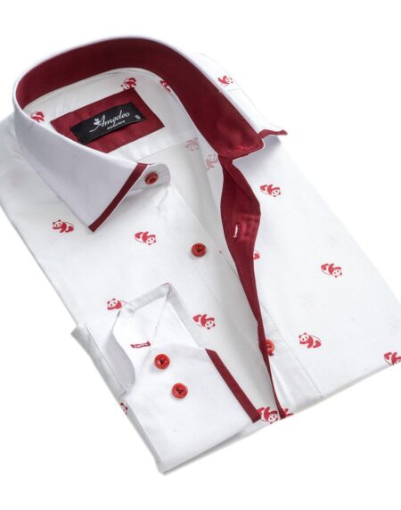 White Burgundy Panda's Mens Slim Fit Designer Dress Shirt - tailored Cotton Shirts for Work and Casual Wear - Amedeo Exclusive