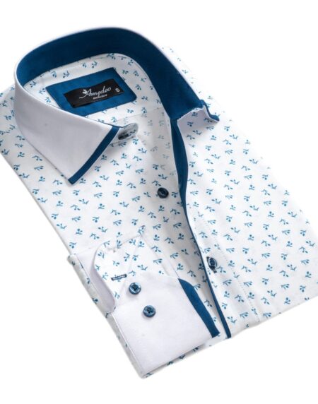White Blue Floral Mens Slim Fit Designer Dress Shirt - tailored Cotton Shirts for Work and Casual Wear - Amedeo Exclusive