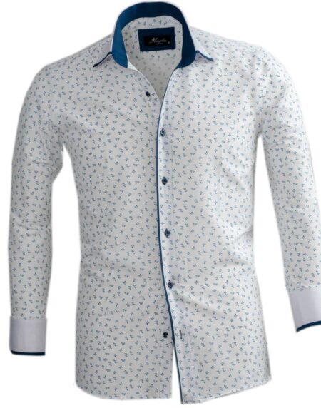 White Blue Floral Mens Slim Fit Designer Dress Shirt - tailored Cotton Shirts for Work and Casual Wear - Amedeo Exclusive
