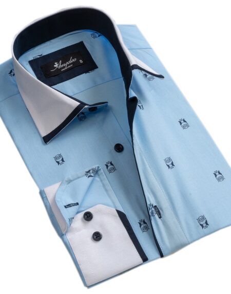 Light Blue w/ Navy Blue Mens Slim Fit Designer Dress Shirt - tailored Cotton Shirts for Work and - Amedeo Exclusive