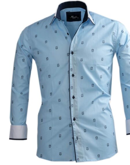 Light Blue w/ Navy Blue Mens Slim Fit Designer Dress Shirt - tailored Cotton Shirts for Work and - Amedeo Exclusive